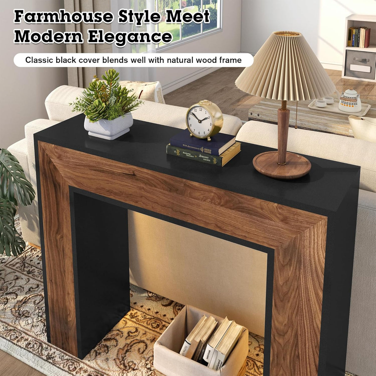 41" Entryway Table with LED Light, Farmhouse Wood Console Table Behind Couch, Rustic Narrow Sofa Table for Living Room, Rustic Wood Entry Table for Entryway, Hallway, Foyer, Black/Walnut