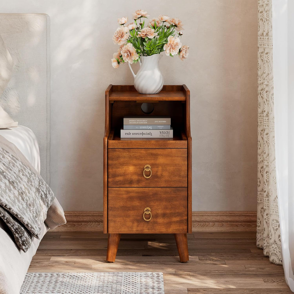 Set of 2 Solid Wood Narrow Nightstand with 2 Drawers, Fully Assembled Skinny Night Stand with Pull-out Tray for Bedroom, Pre-Assembled Vintage Wooden Slim Side Table for Small Space, 21.7x11.8x23in