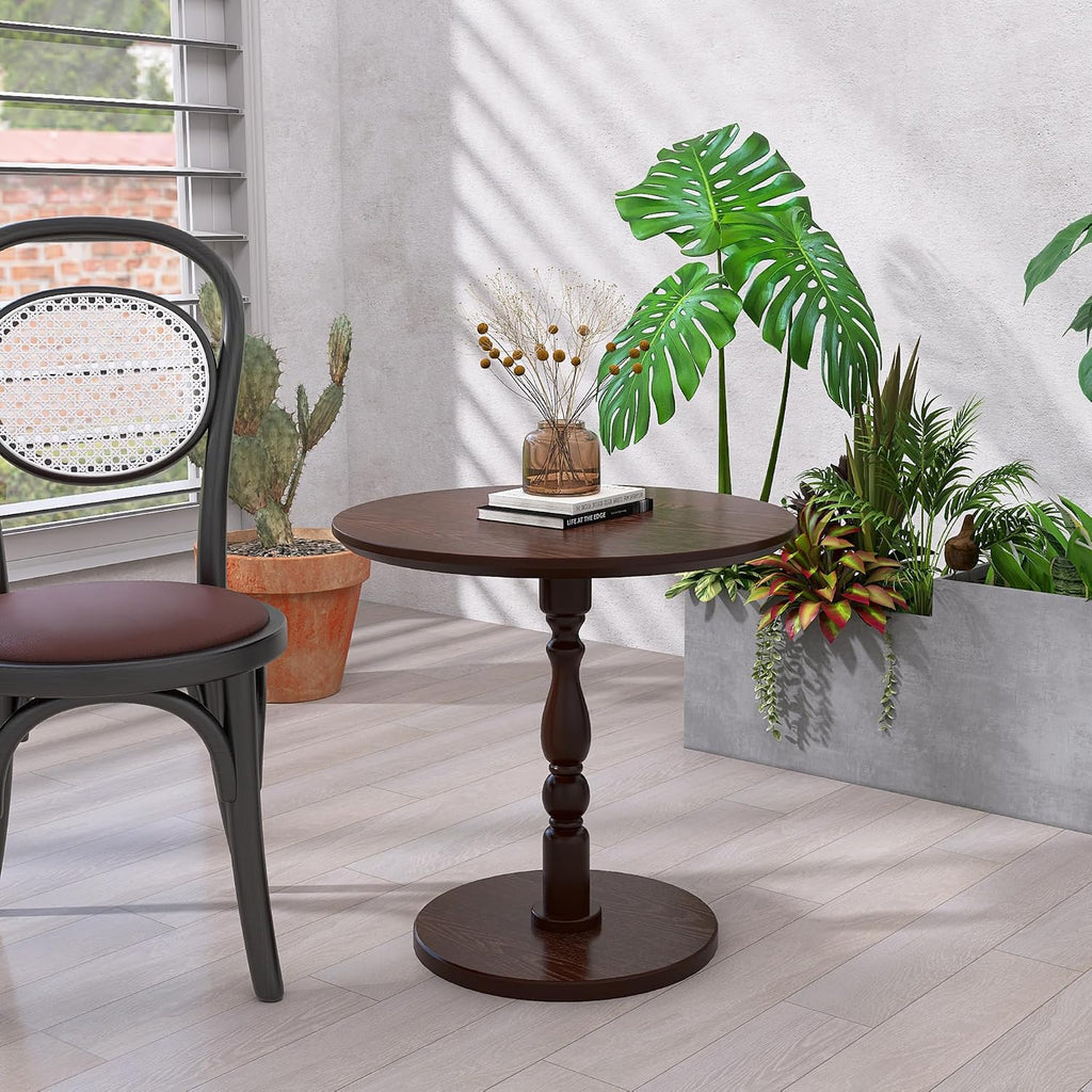Round Side Table with Pedestal Base, 23.22" Wooden End Table, Coffee Table for Snacks & Drinks Living Room, Bedroom, Balcony (Walnut Dark Brown)
