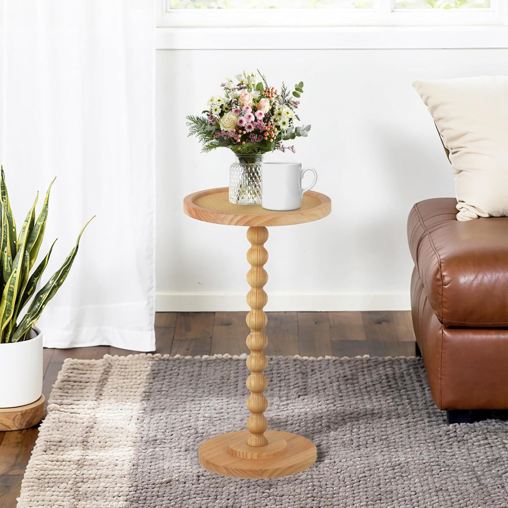 COVLON Solid Wood Drink Table, Small Pedestal Side Table for Small Spaces, Round Rattan Accent End Table Nightstand with Decorative Ball Legs for Living Room, Bedroom, Office, Corners
