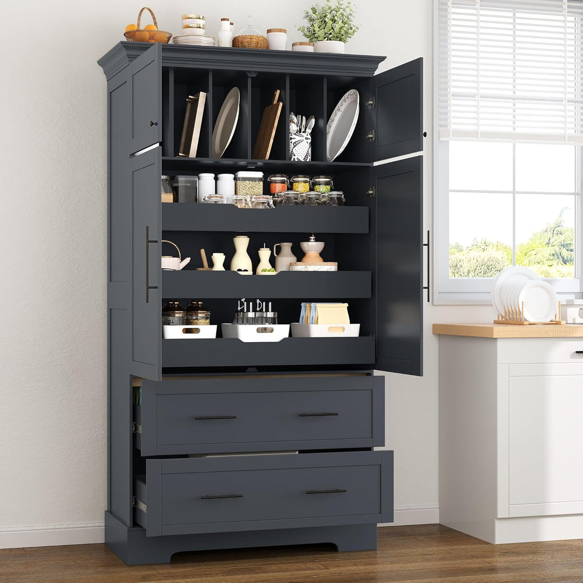 Farmhouse Pantry Cabinet, 72.6''H Freestanding Food Pantry with Pull-Out Trays, Drawers and Cake Pan Storage Organizer, 4 Doors Kitchen Cabinet for Dining Room, Grey