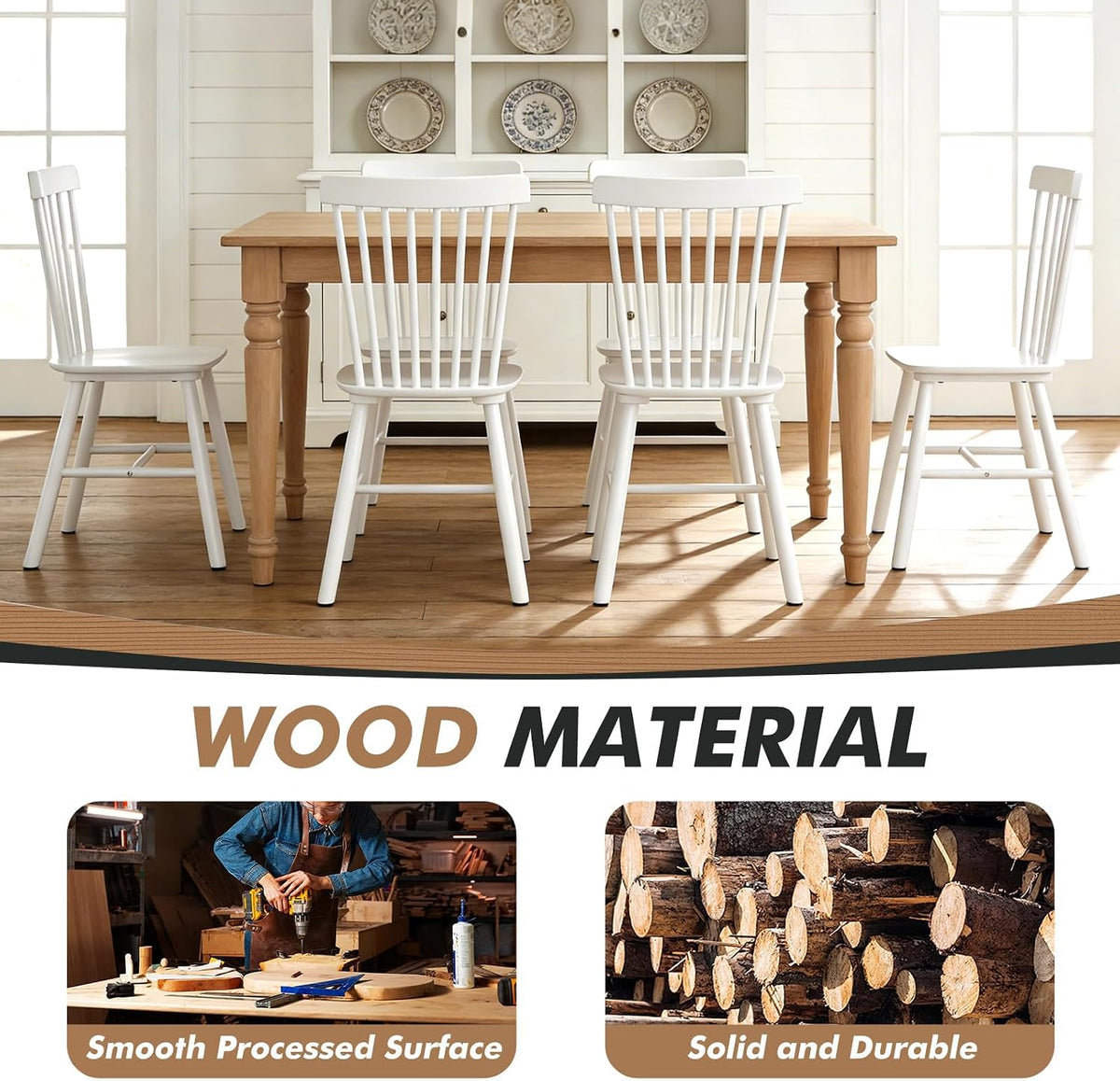 ClinQ Windsor Dining Chair Set of 4, Spindle Back Wooden Chairs for Kitchen and Dining Room, Farmhouse Country Wooden Dining Chairs for Dining Living Room, Farmhouse, Restaurant, White