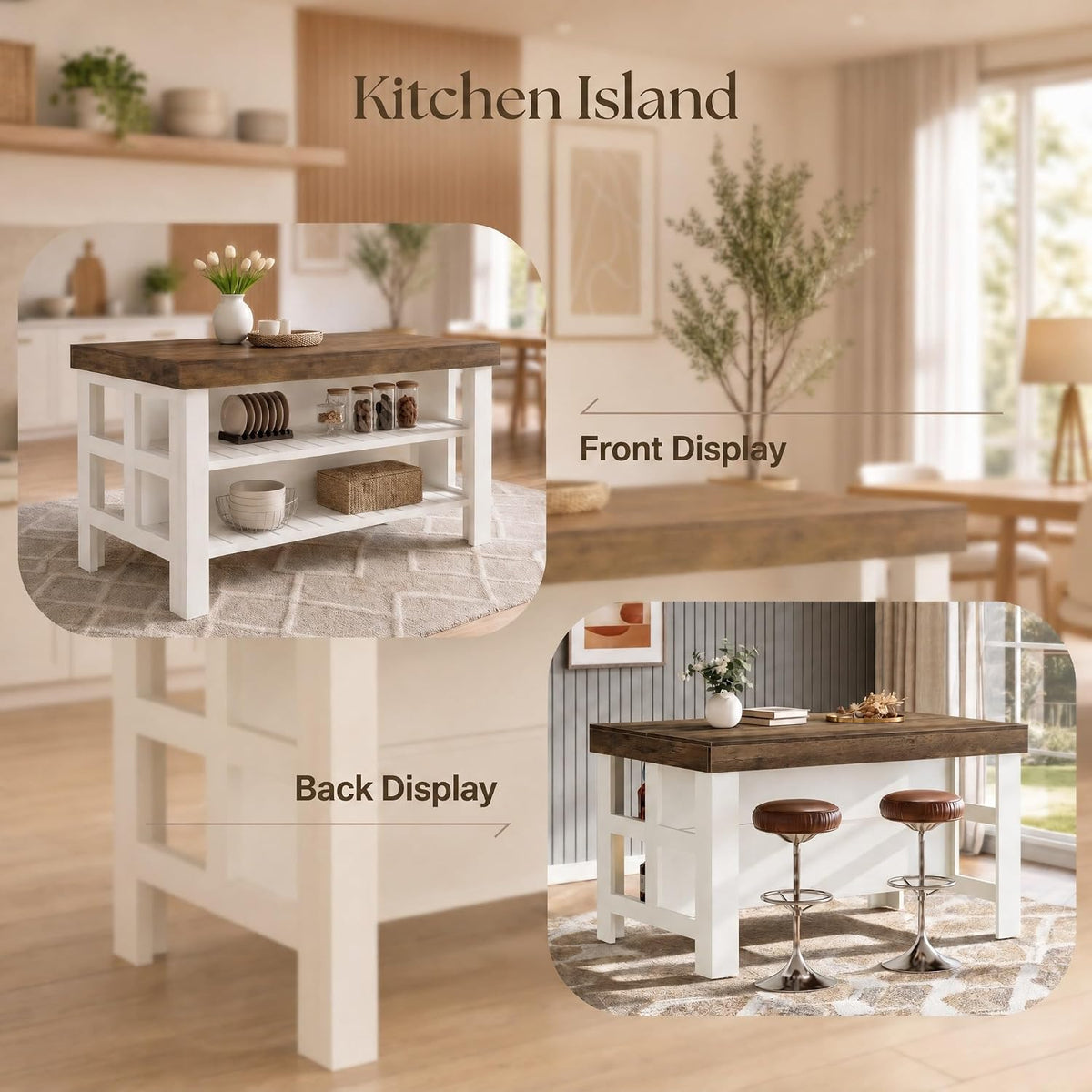 Tribesigns 55.1-Inch Kitchen Island with Seating and Storage, 3-Tier Large Farmhouse Island Table with Large Countertop and Leg Room for Kitchen Dining Room (Brown and White)