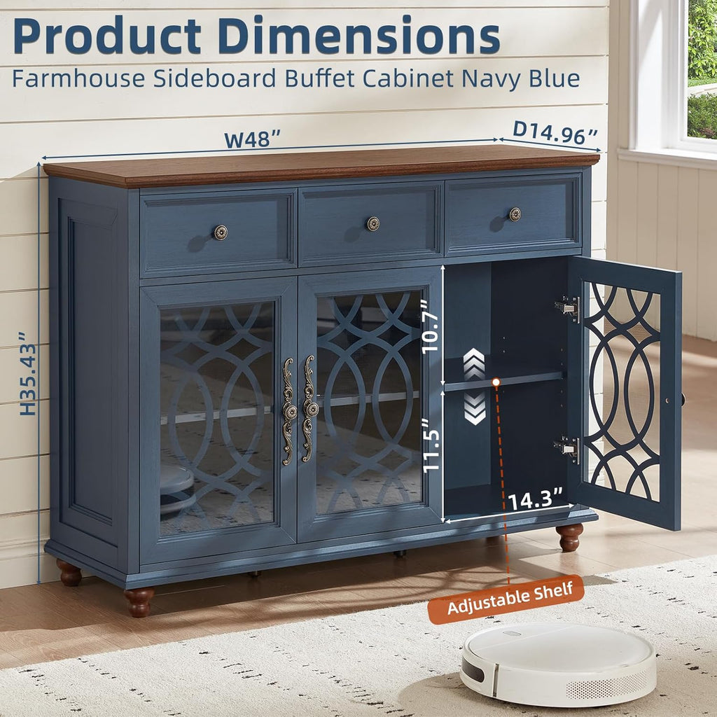 Joaxswe Farmhouse Sideboard Buffet Cabinet with Storage,48" Large Credenza with 3 Glass Doors & 3 Drawers,Adjustable Shelves Console Table,Wood Kitchen Coffee Bar for Dining Room,Living Room,Navy Blue