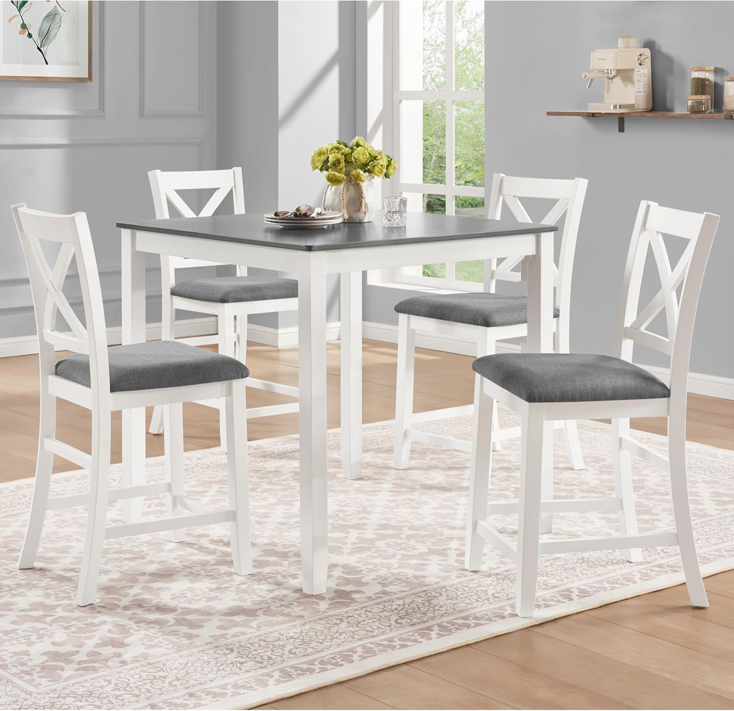 LUMISOL 5-Piece Counter Height Dining Set, Wooden Square Table with 4 Chairs, Space-Saving 4-Person Dining Table Set for Small Kitchen Dining Room, Grey + White
