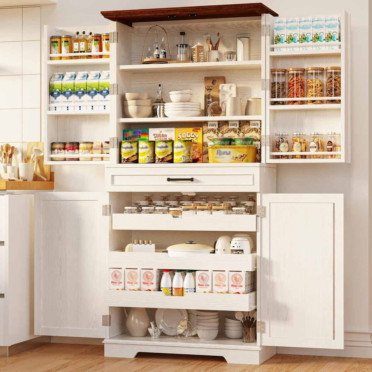IRONCK Farmhouse Pantry Cabinet, 72" Tall Kitchen Storage Cabinet, Freestanding Cupboard with Sliding Rack & 6 Hanging Shelves,Kitchen Pantry Furniture for Dining Room, Easy Assembly, White