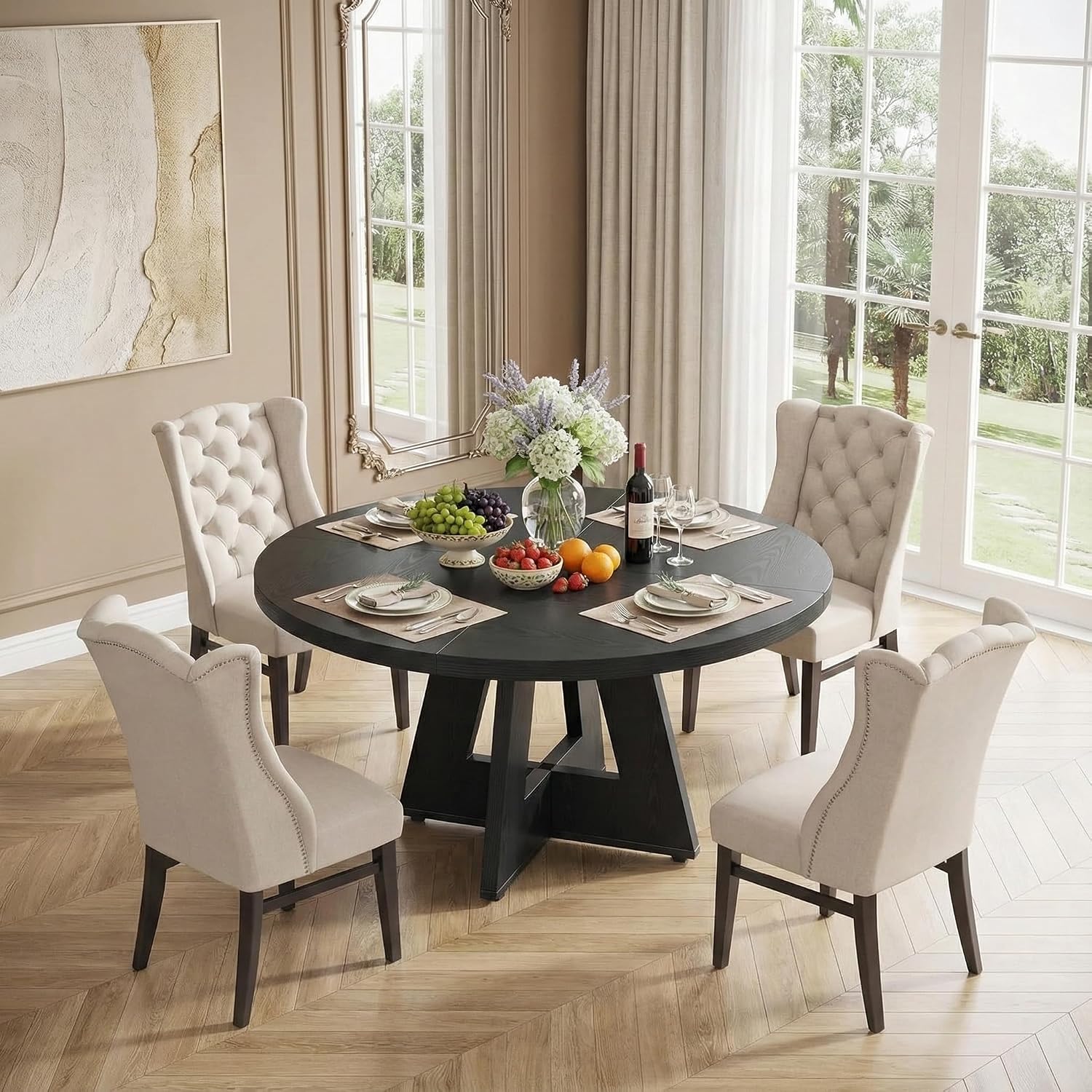Lailang 47 Inch Dining Table, Small Dining Room Tables, Round Kitchen Tables, Wood Dinner Table, Dining Table for 4, Rustic Farmhouse Table, 47 x 26 x 30 Inch, Black