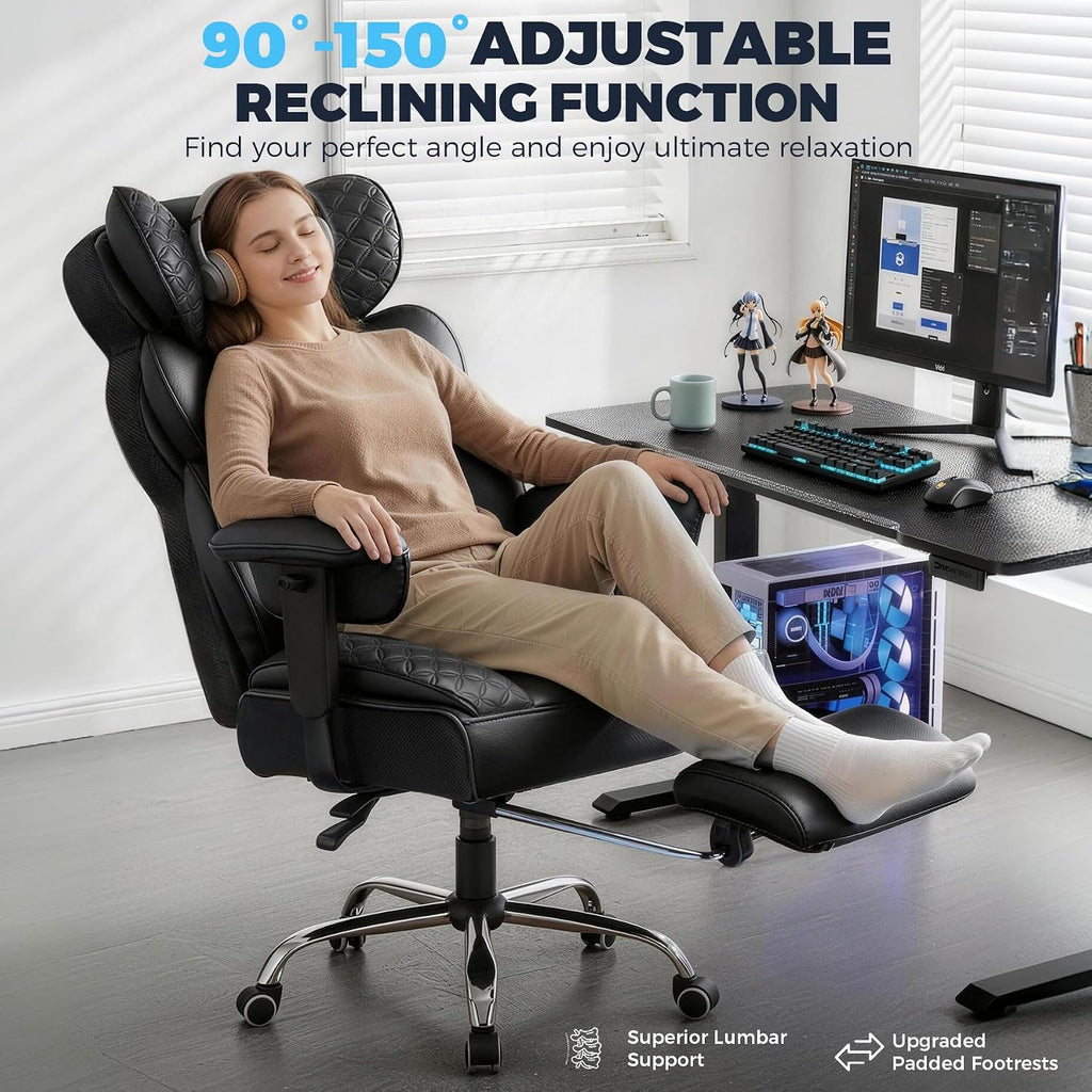 GTPLAYER Big and Tall Gaming Chair Ergonomic Heavy Duty Office Chair Racing Seat with Adjustable Lumbar Pillow Footrest 150° Reclining Thickened Armrests Breathable Mesh for Esports/PC Gaming