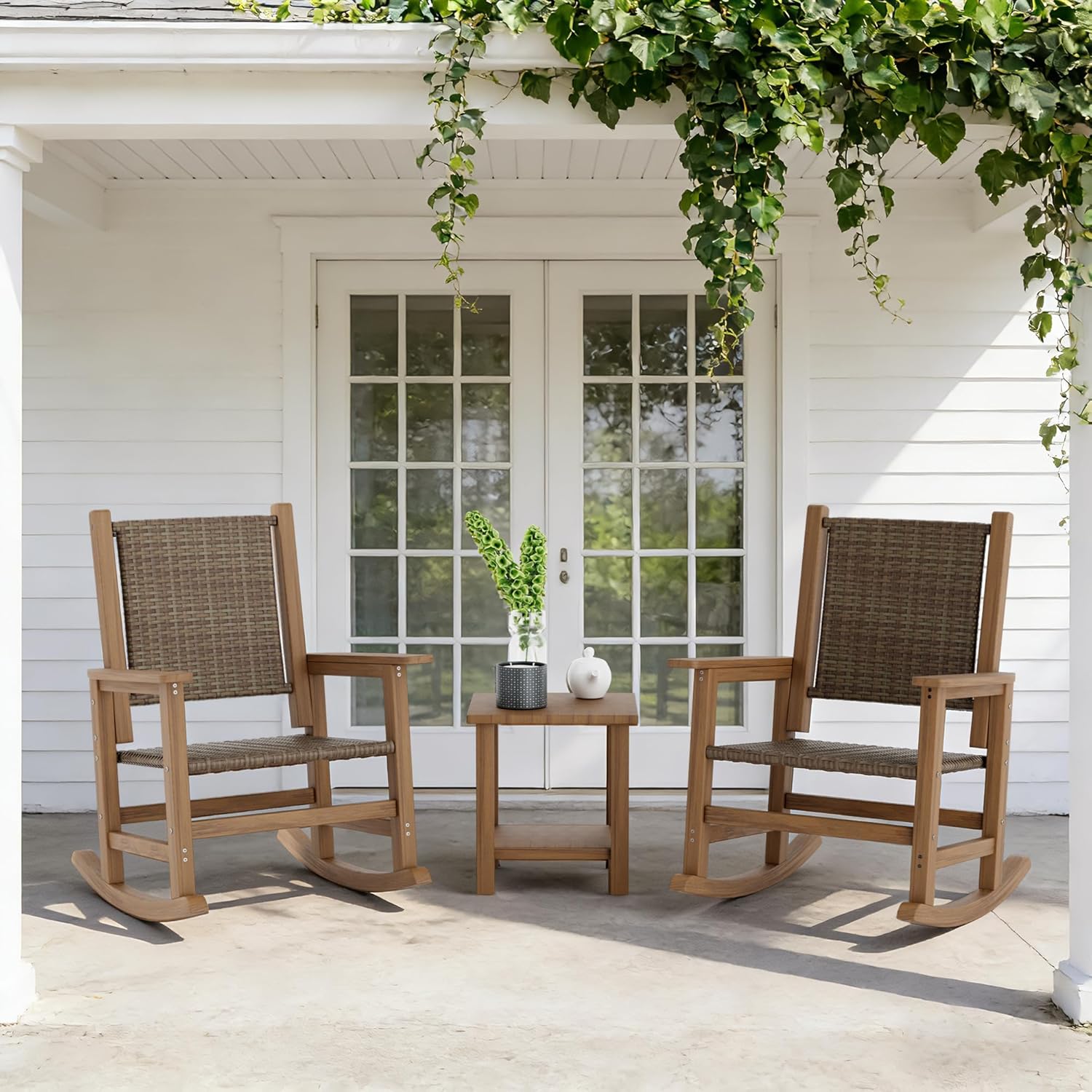 HDPE Outdoor Rocking Chair Set of 2, Wicker Patio Rocking Chair for Adult, All Weather Rocking Chair Outdoor for Porch, Garden, Lawn, and Balcony (Brown)