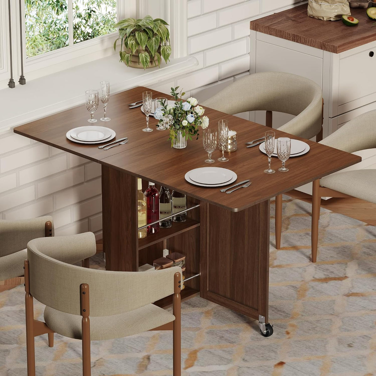3imothrix Folding Dining Table, Dinner Table with Drawer and Storage and Shelves, Space Saving Dining Table with 6 Wheels, Kitchen Table for Small Spaces (Walnut)