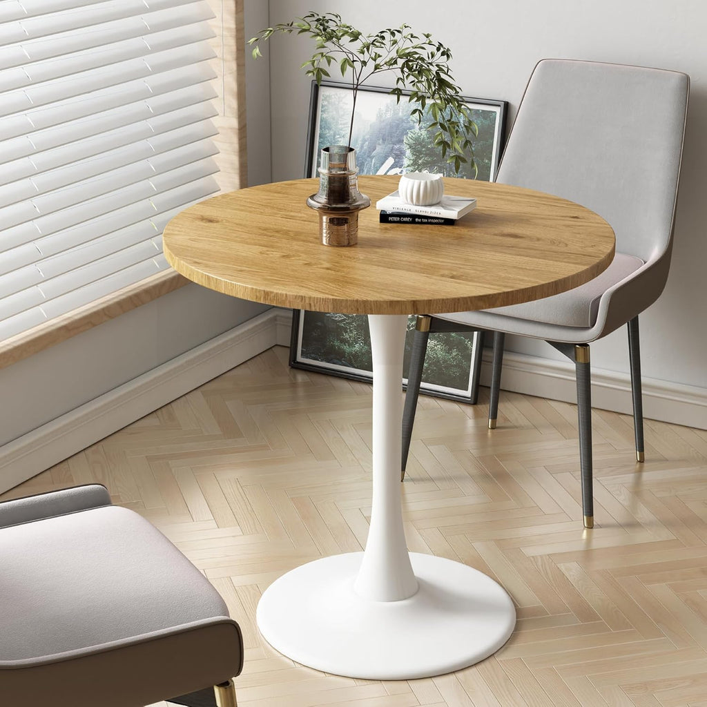 Round Dining Table 30" Circle Tulip Table with Wood Thickened Tabletop & Sturdy Metal Pedestal Mid Century Modern Leisure Bistro Kitchen Tables 4 People Small Places Living Room Cafe,Oak