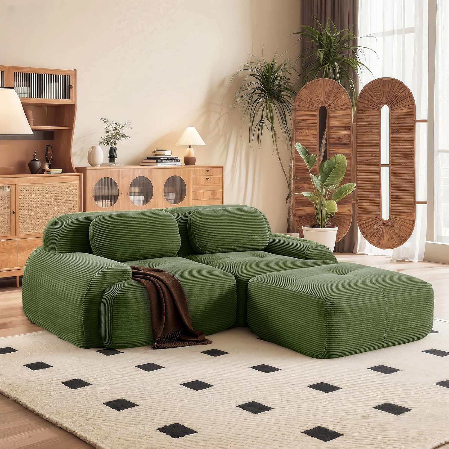 SoarFlash 81” Sectional Cloud Sofa Couches for Living Room-2 Seater L-Shaped Modern Lounge Couch-No Assembly Modular Corduroy Convertible Sponge Sleeper Sofas with Chaise for Home House,Green