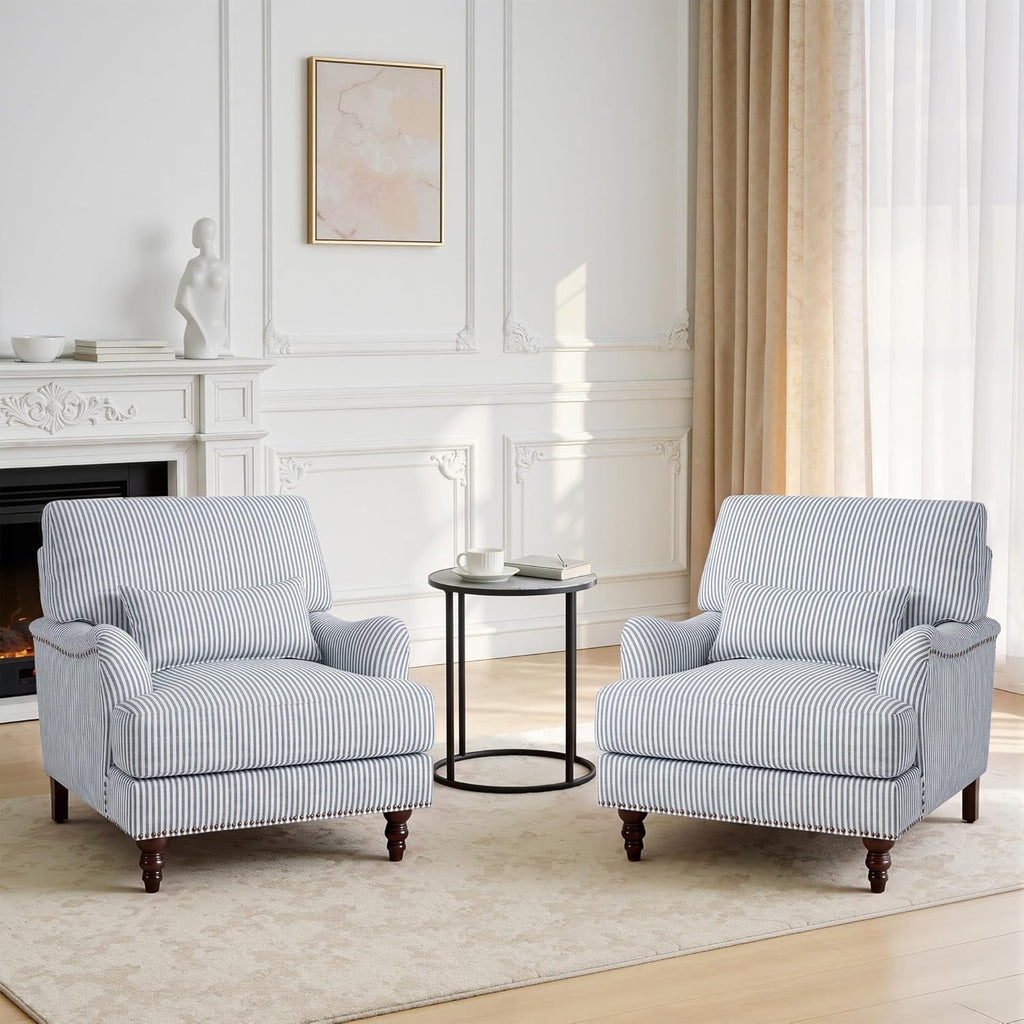 Accent Chairs Set of 2, Upholstered Armchair with Nailhead Trim & Solid Wood Legs, Mid Century Modern Club Chair for Living Room/Bedroom/Reading Room, Pinstripe Blue