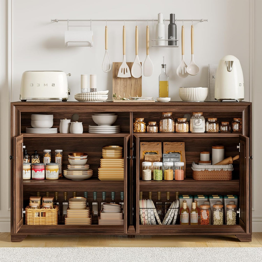 ONBRILL 60 Inches Sideboard Buffet Cabinet with Storage, 4 Doors Large Sideboard, Kitchen Cabinet with Open Shelf & Adjustable Shelf, Kitchen Coffee Bar Console Table for Living Room, Hallway, Brown