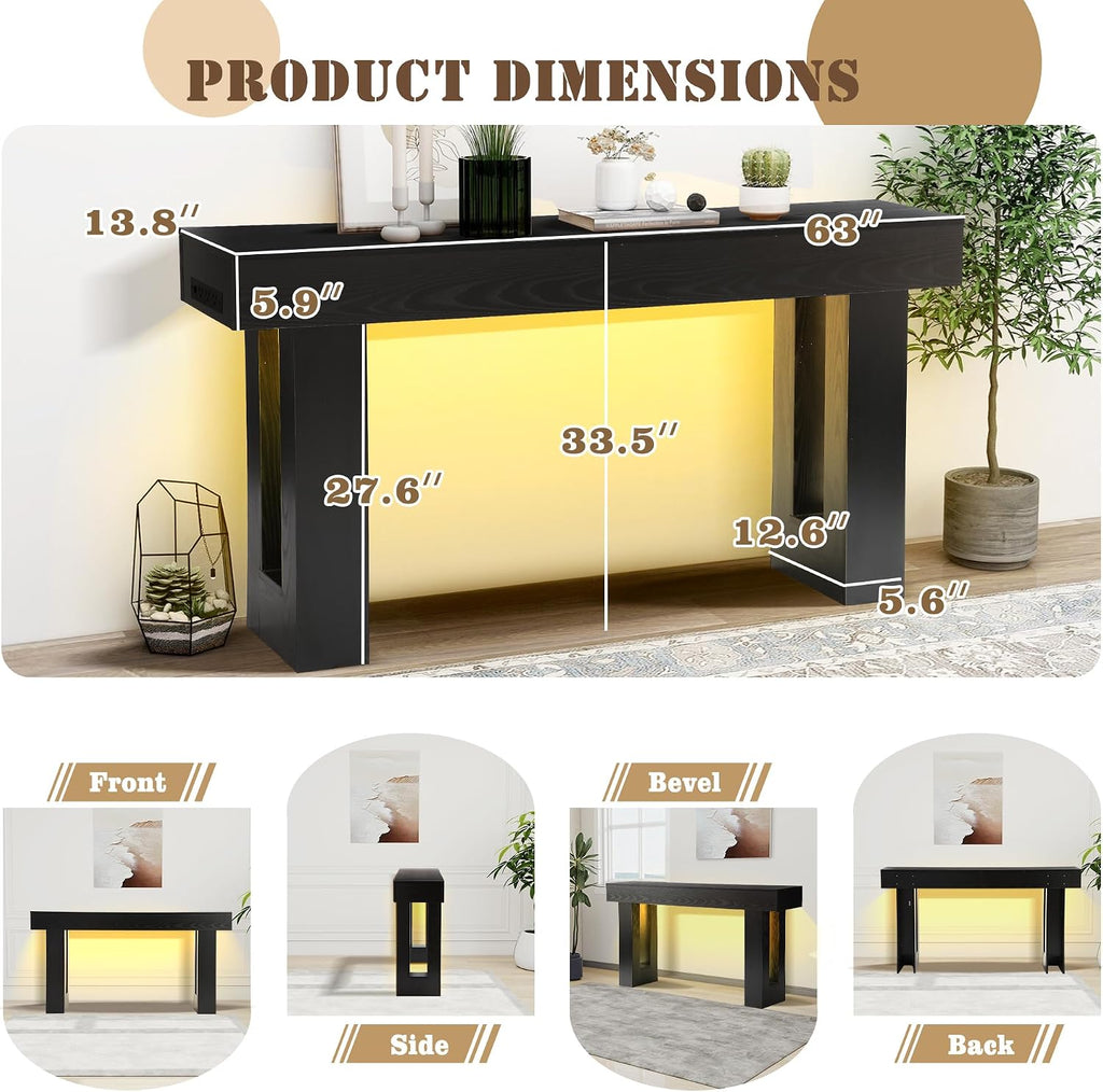 Grepatio Long Console Table with LED Light, 63 Inch Wood Entryway Table with USB Power Outlet, Narrow Sofa Behind Couch Table, Farmhouse Entry Tables for Entryway, Hallway, Living Room (LED Black)