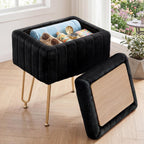 DUMOS Vanity Stool Chair with Storage, Small Ottoman Faux Fur Soft Padded Footstools Seat with 4 Metal Legs Anti-Slip Adjustable Feet Modern Footrest for Home Entryway Bedroom Makeup Black