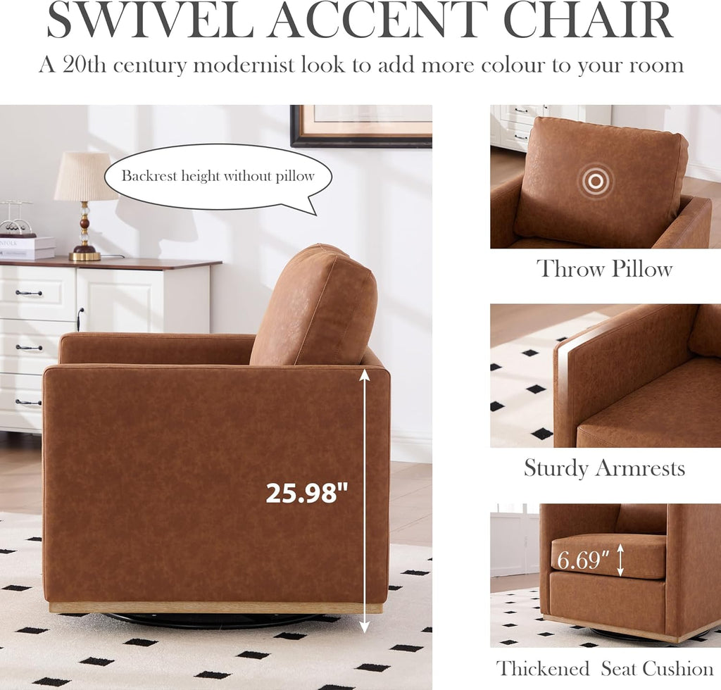 Aoiy & Wifon 30.7" W Swivel Accent Chair, Mid Century Modern Swivel Chair for Living Room, Comfy Small Accent Chair, PU Leather, Brown