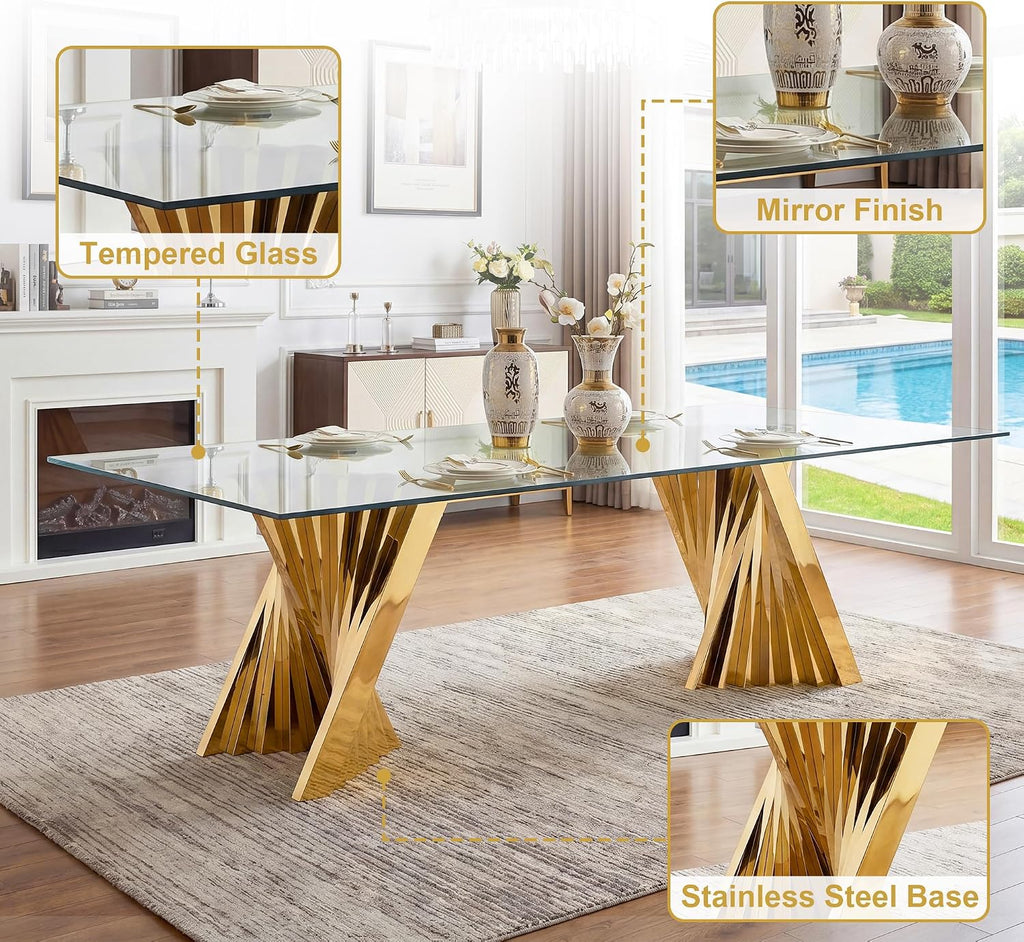 94" Modern Glass Gold Dining Table for 8-10, Luxury Kitchen Table with Tempered Glass Top & Mirror Finish Stainless Steel Base, Large Dinner Pedestal Tables for Home Banquet Hall Room, Only Table