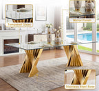94" Modern Glass Gold Dining Table for 8-10, Luxury Kitchen Table with Tempered Glass Top & Mirror Finish Stainless Steel Base, Large Dinner Pedestal Tables for Home Banquet Hall Room, Only Table
