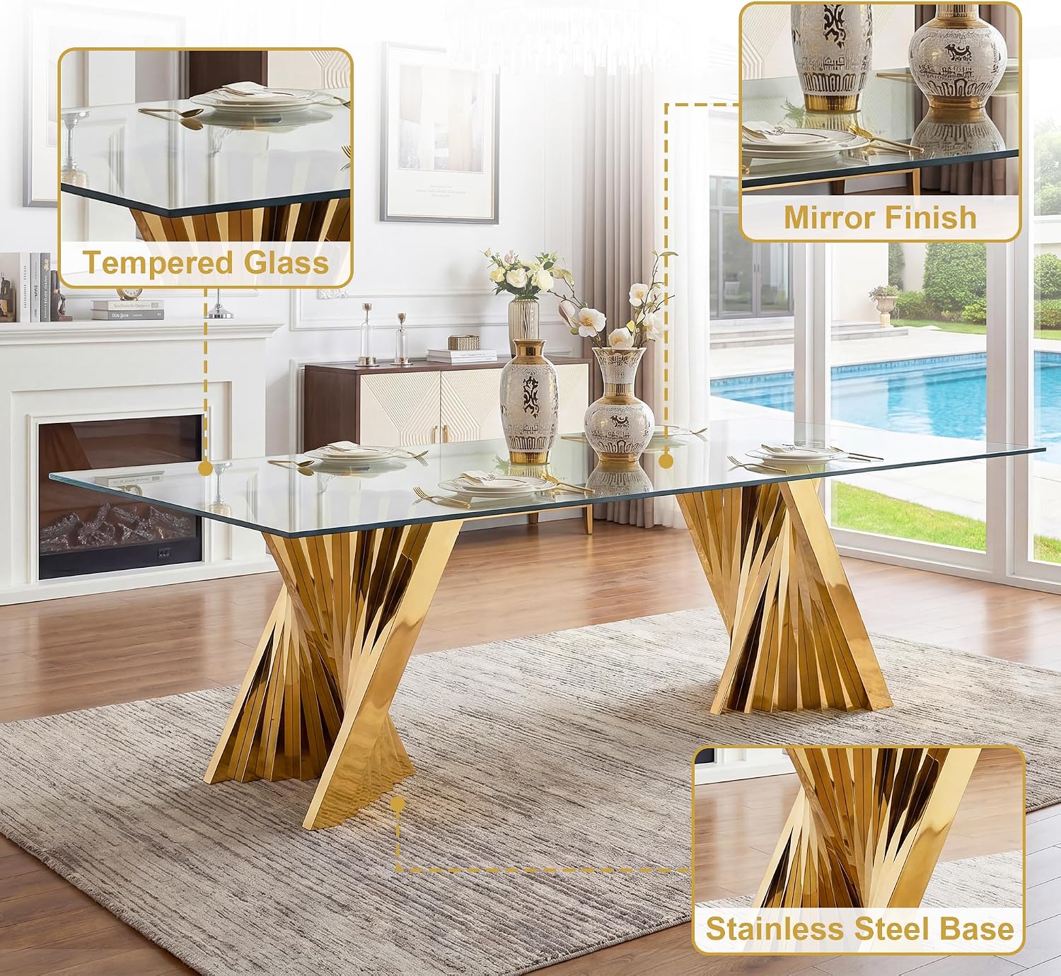 94" Modern Glass Gold Dining Table for 8-10, Luxury Kitchen Table with Tempered Glass Top & Mirror Finish Stainless Steel Base, Large Dinner Pedestal Tables for Home Banquet Hall Room, Only Table