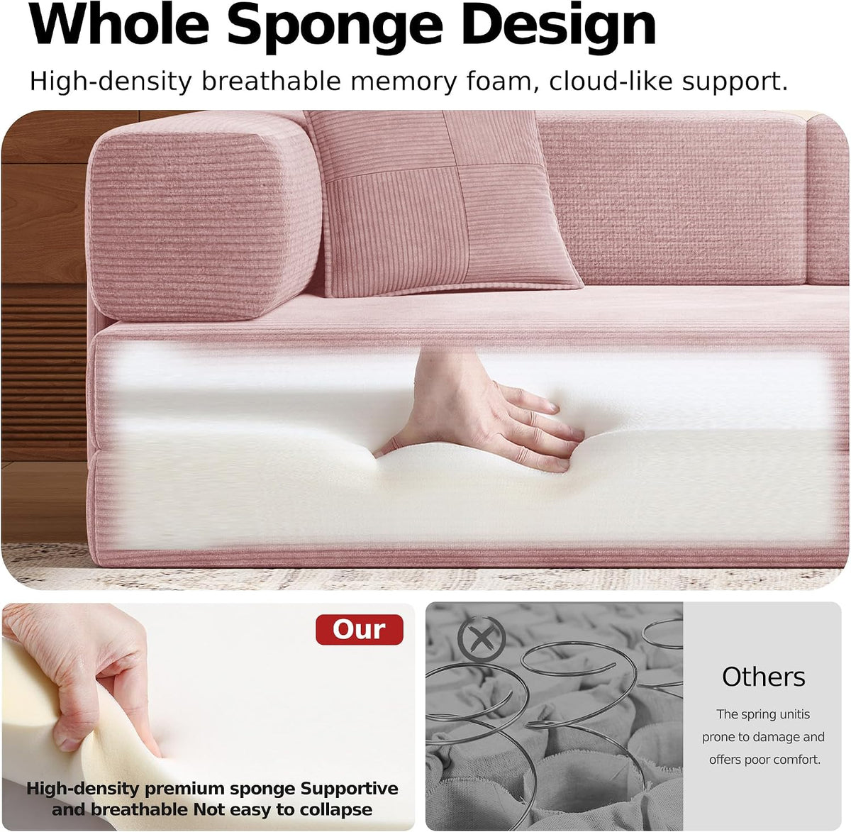 MoonSpeak 78.8'' Futon Sofa Bed, Couches for Living Room | Corduroy Convertible Futon Sofa Bed with Storage Pocket, Modular Sleeper Couch in a Box, No Assembly (Pink)