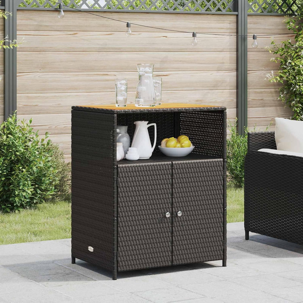Outdoor Storage Cabinet with Acacia Wood Top, Black Poly Rattan Sideboard with 3 Shelves, Weather-Resistant Garden Organizer for Patio, Backyard, and Indoor Use 27.5 x 20 x 34 Inches