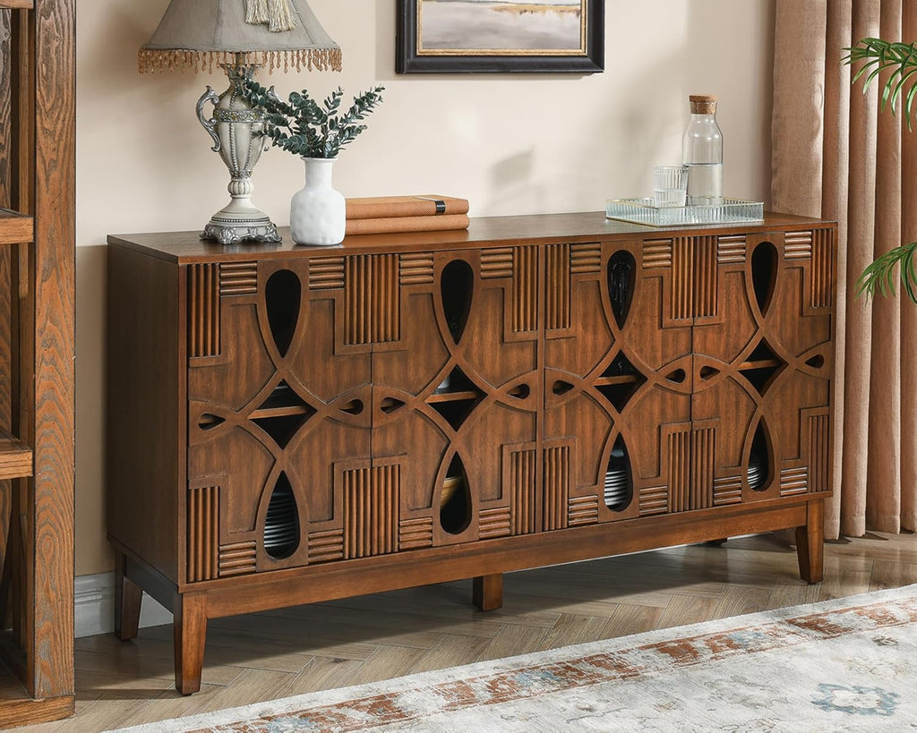 LKTART 60" Mid Century Modern Sideboard Buffet with Hollow Carved Doors and Outlet Holes,Vintage Accent Cabinet Credenzas Storage Cabinet Walnut