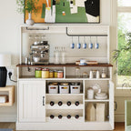 47Inch Buffet Sideboard with Power Outlets Farmhouse Coffee Bar Cabinet with Storage, Large Buffet Storage Cabinet Table with Wine Racks, Goblet Holder, Hooks for Kitchen, Dining Room, Entryway, White
