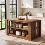 55" Solid Wood Kitchen Island with Storage and Seating, 3-Tier | Farmhouse Stationary Island Table, Side Slatted Design, Large Worktop, Closed Back Panel, Rustic Counter Height Dining Table