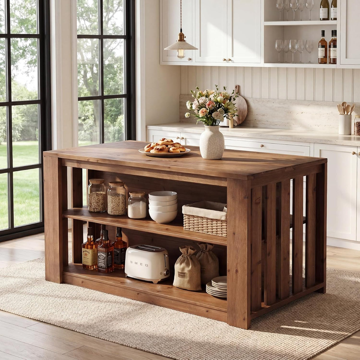 55" Solid Wood Kitchen Island with Storage and Seating, 3-Tier | Farmhouse Stationary Island Table, Side Slatted Design, Large Worktop, Closed Back Panel, Rustic Counter Height Dining Table