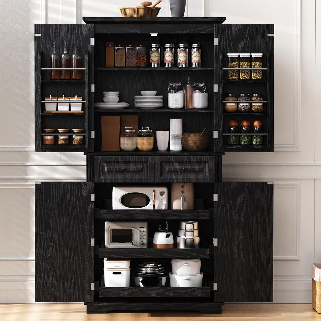 71" Tall Kitchen Pantry Cabinet, Freestanding Storage Cabinet with 3 Pull-Out Cabinet Organizers 6 Door Storage Shelves 2 Drawers, Farmhouse Embossed Texture Cupboard for Kitchen, Black