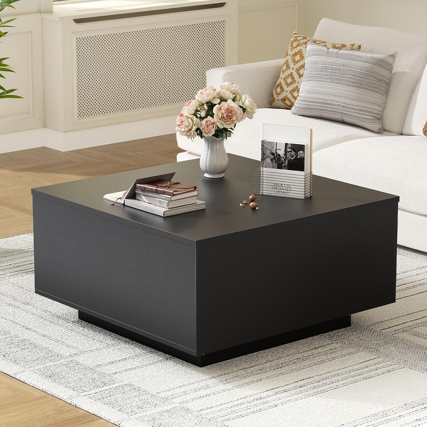FABATO Lift Top Coffee Table, Wood Square Coffee Table with Storage, Farmhouse Coffee Tables with Hidden Storage Compartment, Center Table with Lifting Tabletop for Living Room, Home Office, Black