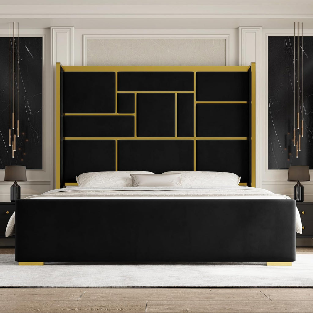 Queen Bed Frame with 55.12" Tall Headboard, Black and Gold