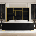 Queen Bed Frame with 55.12" Tall Headboard, Black and Gold