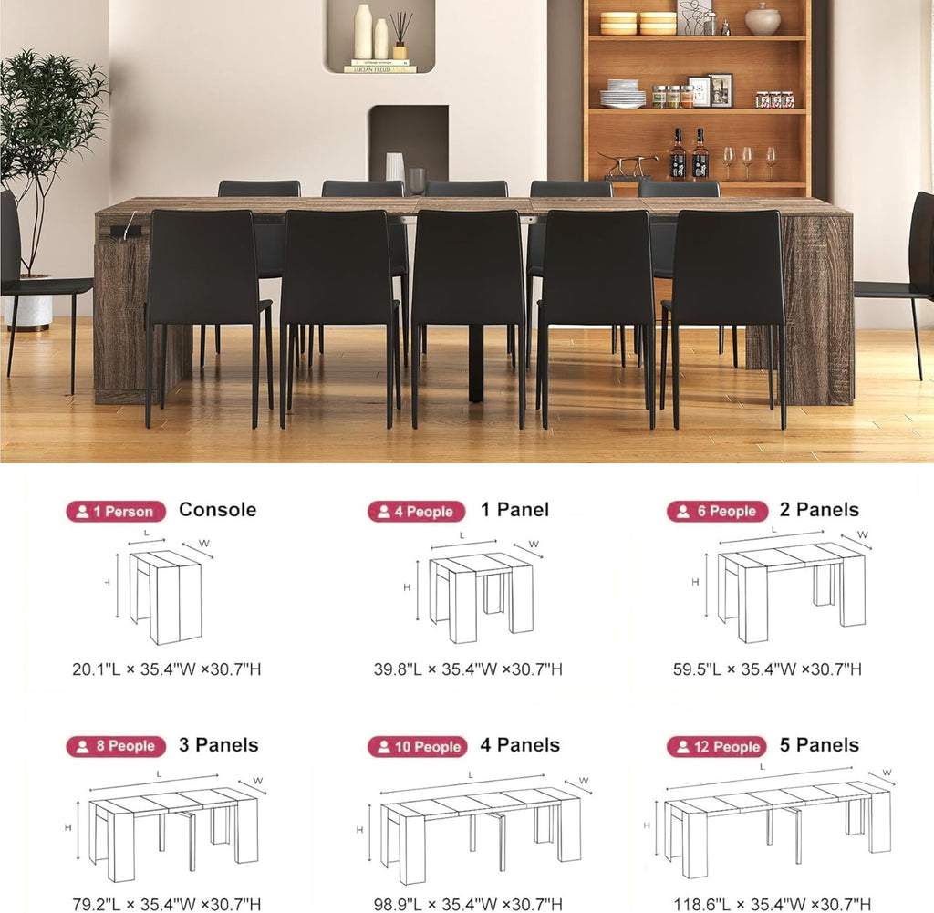 Extendable Dining Table with Built-in Power Outlet, 118” Expandable Dining Table for 11, Storage Cabinet Console Table, Modern Dining Room Furniture Gray