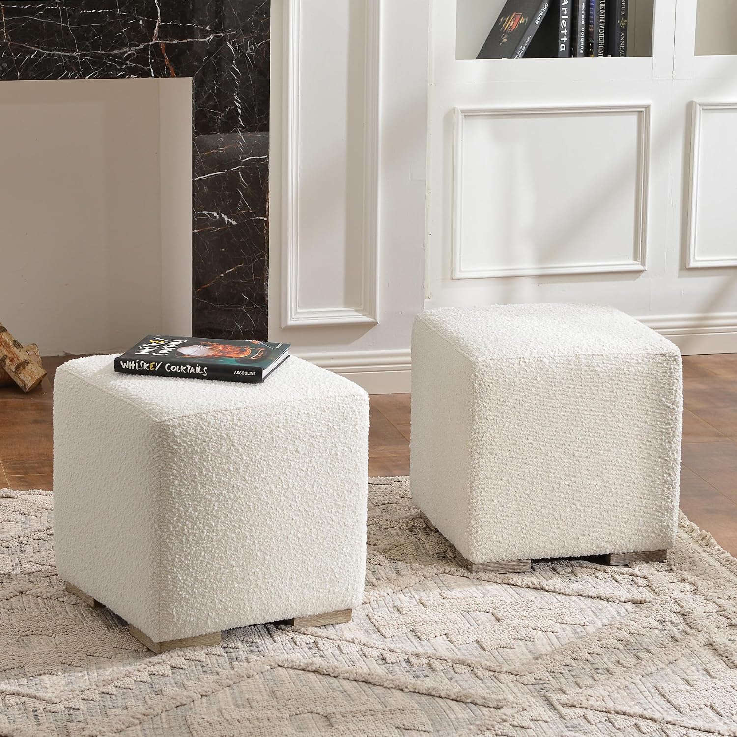 KINWELL 18.5" Wide Modern Square Boucle Ottoman Set of 2 | Cube Ottoman with Solid Wood Legs , Multi-Functional Sofa Footrest, Extra Seating for Living Room, Bedroom, Fully Assembled
