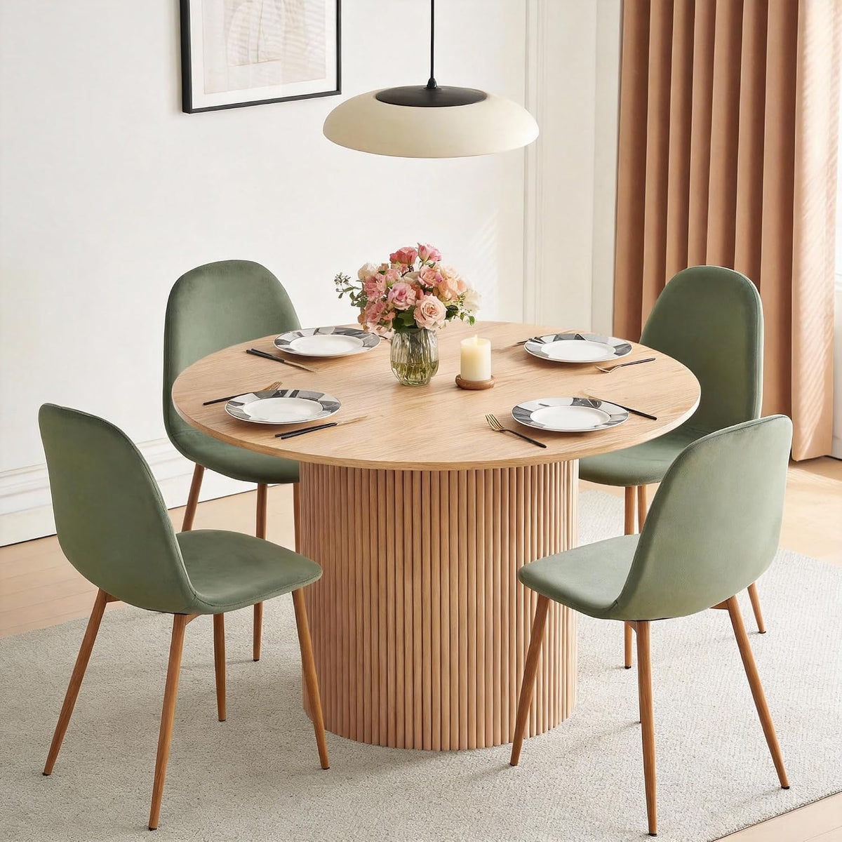Dining Table Set for 4, Mid Century Modern 47 Inch Wooden Round Dining Table Set, Space Saving (Table + 4 Green Chairs)