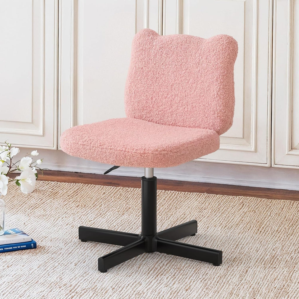LUE BONA Adjustable Vanity Stool Chair with Girly Bear Ear Wide Back, 360° Swivel Vanity Stool for Makeup Room, Upholstered Teddy Velvet Ottoman for Teen Girls, 350lbs, Pink