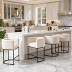 26" Counter Height Bar Stools Set of 4, Black Frame, Linen | Linen Upholstery, Barrel Backrest, Built-In Armrests, Kitchen Island Use, Sturdy Metal Frame, Counter Height