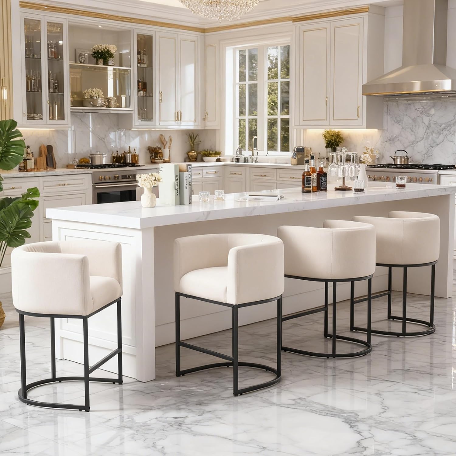 26" Counter Height Bar Stools Set of 4, Black Frame, Linen | Linen Upholstery, Barrel Backrest, Built-In Armrests, Kitchen Island Use, Sturdy Metal Frame, Counter Height