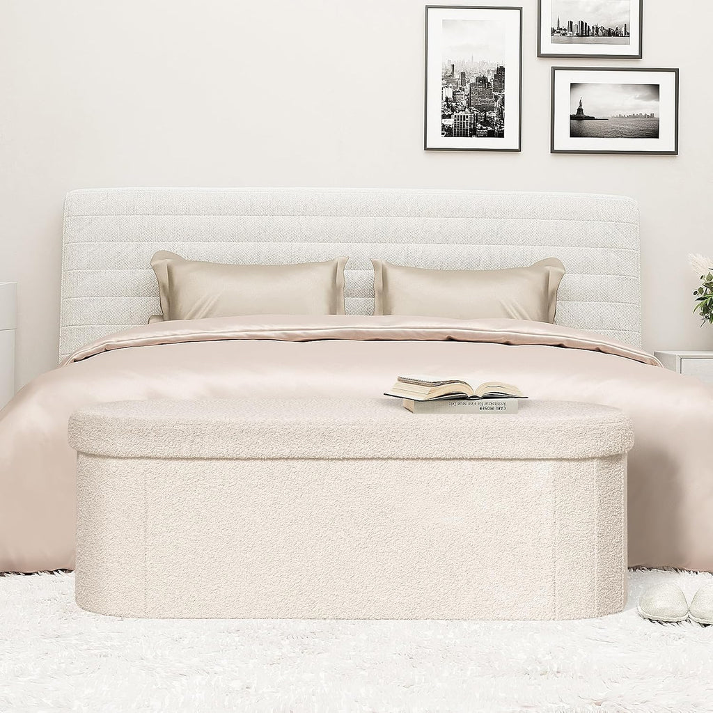PINPLUS Storage Ottoman Bench Tufted Oval Ottomans Bench Foot Rest, Chest Box Velvet Bench with Storage, 43"x15"x15" (White)