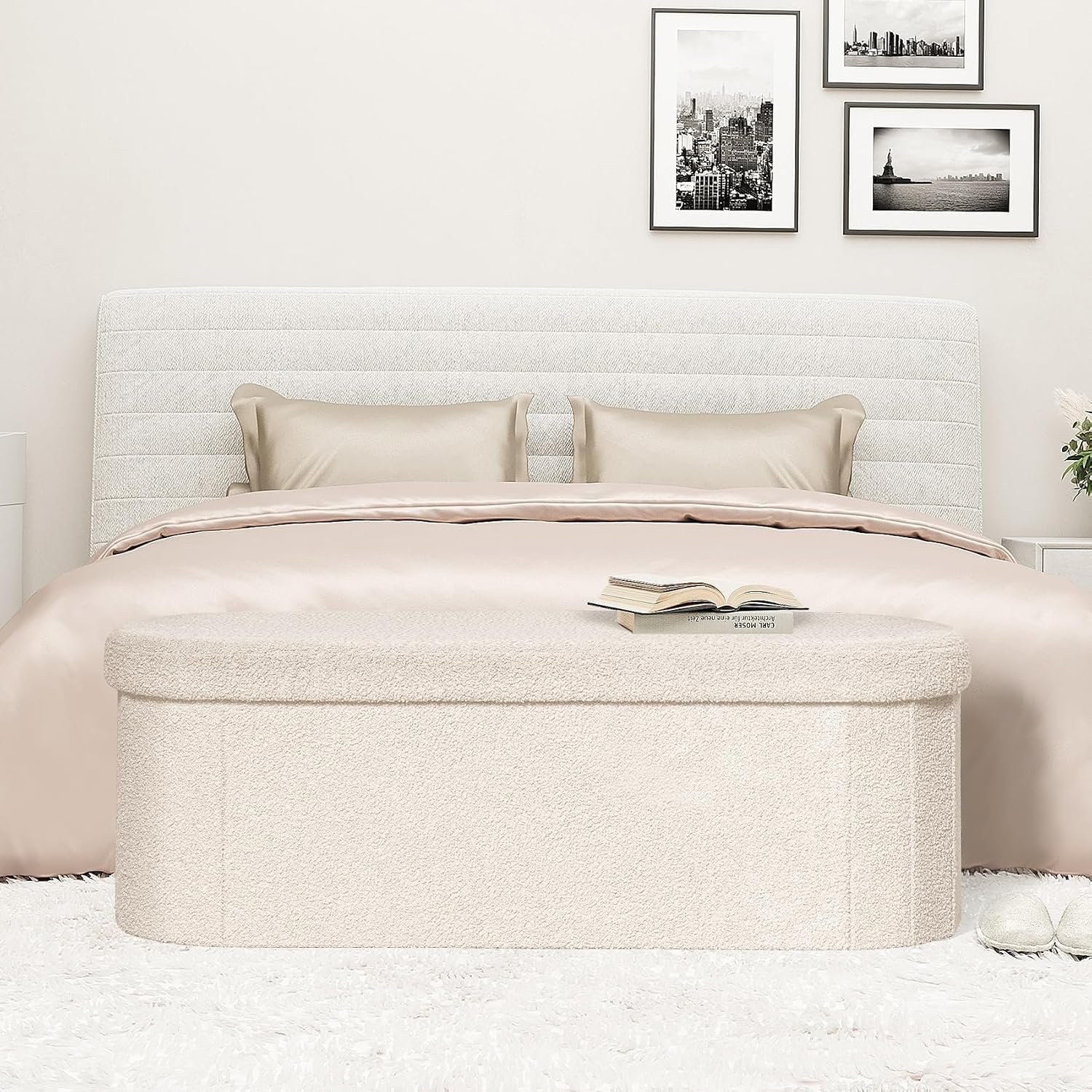 PINPLUS Storage Ottoman Bench Tufted Oval Ottomans Bench Foot Rest, Chest Box Velvet Bench with Storage, 43"x15"x15" (White)