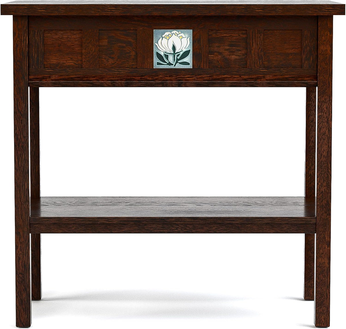 Stickley 125th Anniversary Floral Tile Console, End Table, Nightstand, Solid Oak, Centennial Finish, Mission Style, Removable Ceramic Art Tile, 1 Drawer, 31.5in W x 16in D x 30in H, Made in USA