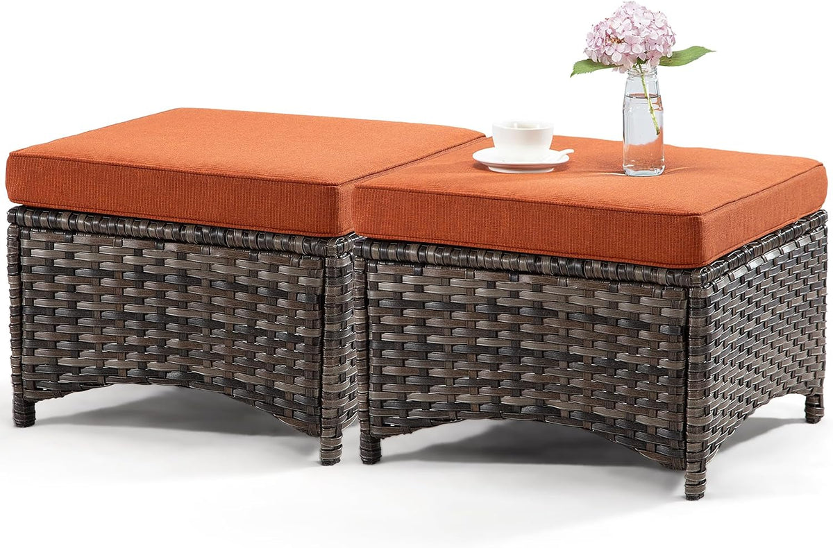 Outdoor Ottomans for Patio Set of 2 PE Wicker Steel Frame Outdoor Footstool with Removable Olefin Cushions for Patio, Backyard and Deck, Orange