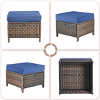 Patio Ottoman Outdoor Wicker Side Table - 2PCS Multipurpose Heavy Duty All-Weather Brown Rattan Extra Seating Bench Footrest Footstool for Garden Back Porch Poolside Apartment - Navy Blue