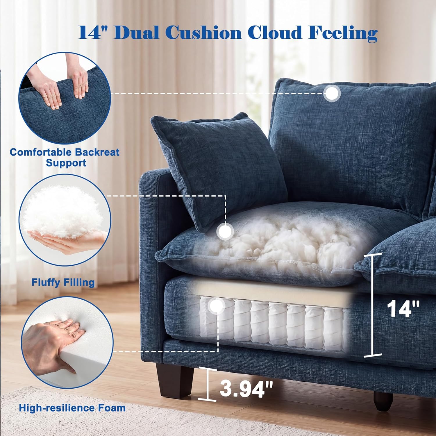 49" Loveseat Sofa Bed, 2 in 1 Convertible Small Sofa Pull Out Couch Bed Chenille Deep 2 Seat Sleeper Twin XL Futon Mattress for Small Spaces Living Room Bedroom Apartment Office, Blue