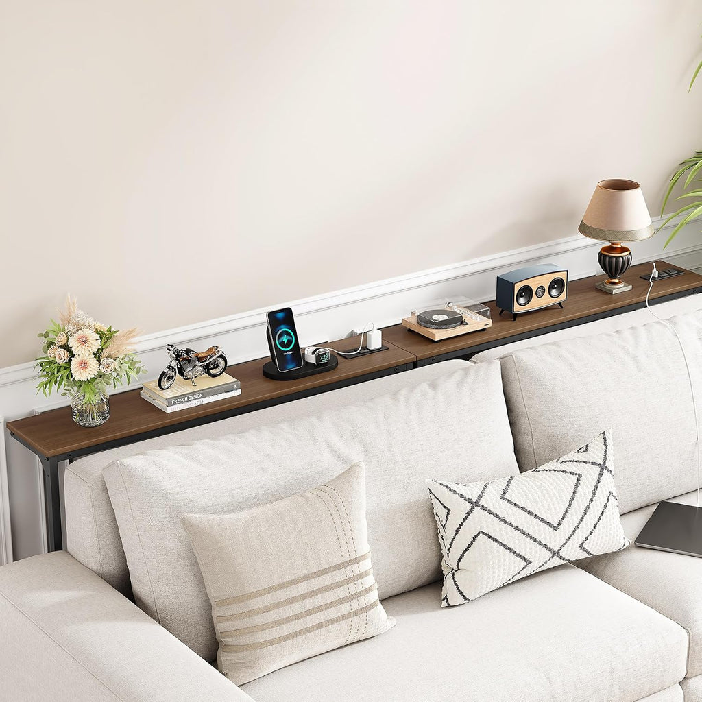 Kitstorack Narrow Sofa Table with Charging Station, 78.8" Behind Couch Table, Adjustable 24.4"-32.7" Height, Modular 2-piece Design for sectionals, entryways, Apartments, and Narrow Living Spaces