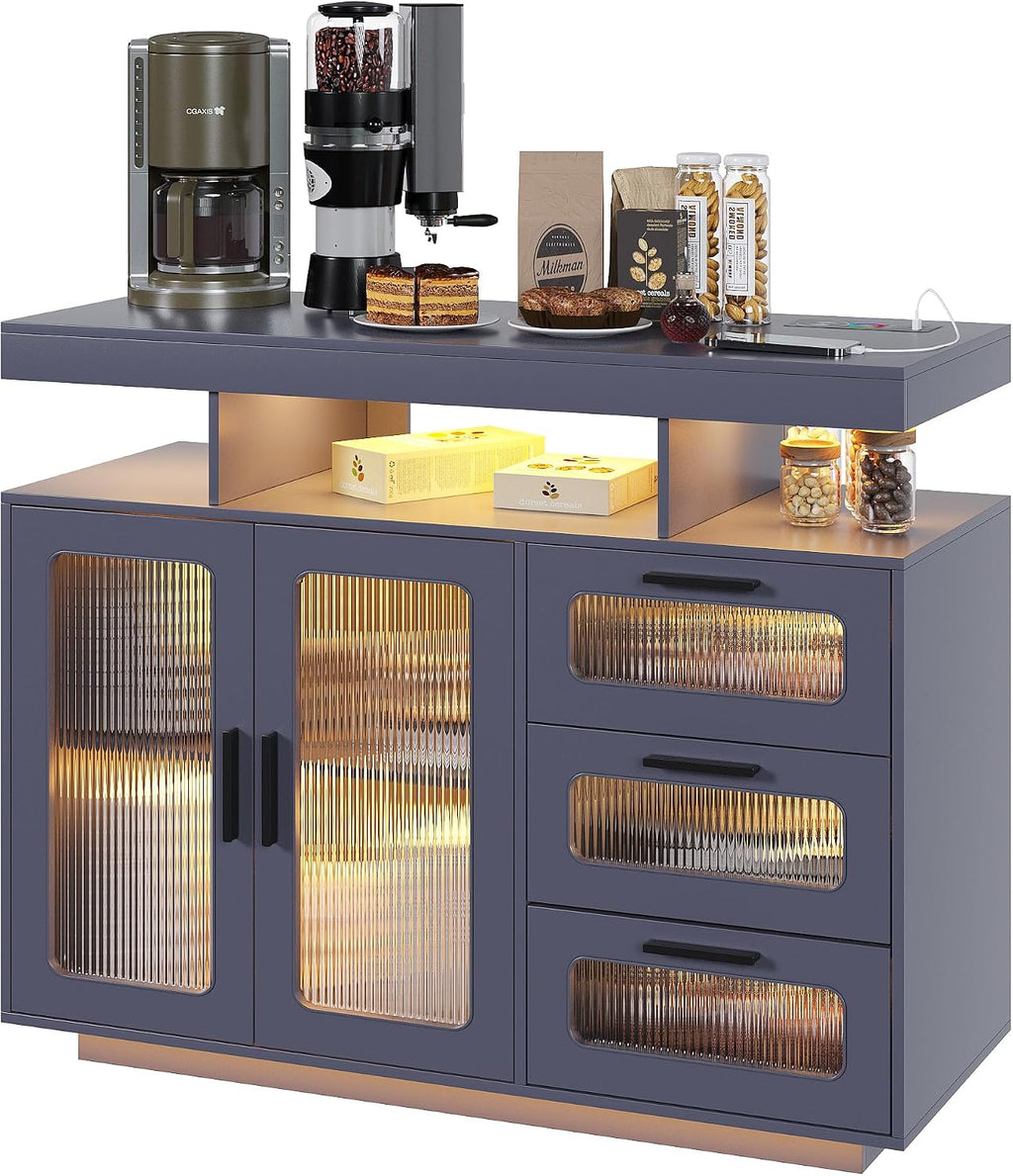 Dystler Coffee Bar Cabinet with Storage, Modern Buffet Cabinet with 3 Drawers and 2 Doors, Sideboard Buffet with Charging Station and Lights, Grey