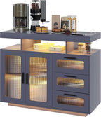Dystler Coffee Bar Cabinet with Storage, Modern Buffet Cabinet with 3 Drawers and 2 Doors, Sideboard Buffet with Charging Station and Lights, Grey