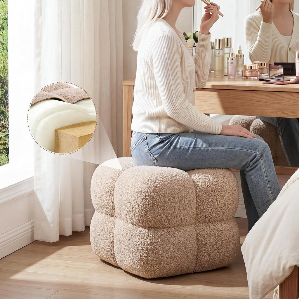 Zesthouse Square Pouf Ottomans Set of 2, Modern Vanity Chair for Bedroom | Sherpa Fabric Foot Rest for Couch, Upholstered Tufted Footstool, Poofy Ottoman Seat for Living Room Dorm, Fluffy Ottoman Tan